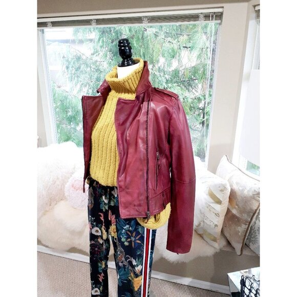 NWT Bod & Christensen faded bordeaux red moto cropped leather jacket, M - Picture 4 of 8